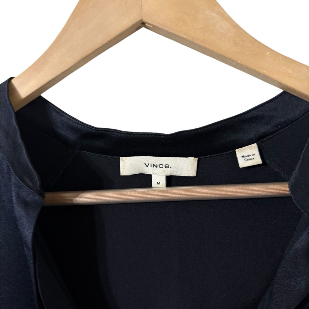 VINCE Band Collar Silk Navy Long Sleeve Blouse Top - Picture 2 of 8